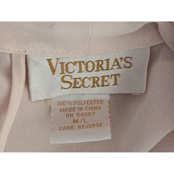 1980's Victoria Secret Sheer Beige Long Robe With Tie Waist & Pocket Detail